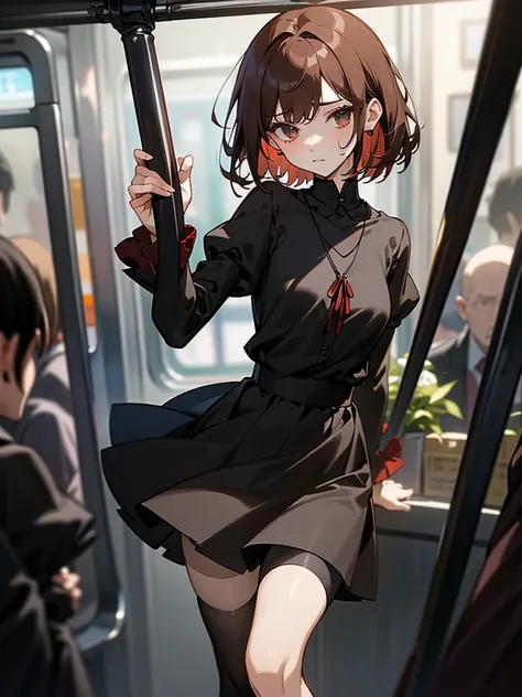 Reddish brown short length hair、Black chiffon blouse、Flared sleeves、ボウタイ、ribbon、Tight Skirt、Black Stockings、necklace、TİTS、slender、In a crowded train、Messed up、slender、High resolution face、Drawn eyes、