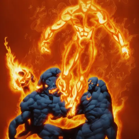 master piece, 8k detail, a cartoon of Marvel comic book characters The Thing and The Human Torch. The Thing is an orange rock man in a blue shorts, positing on rock super hero pose, from the thing, high detail iconic character, posing for a fight intricate...