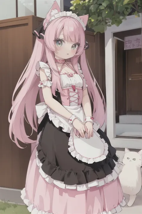 anime girl with long hair and pink dress and white dress, anime cat girl in a maid costume, cute anime catgirl, white cat girl, ...