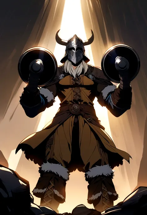 an animated viking with a helmet lifting some dumbbells