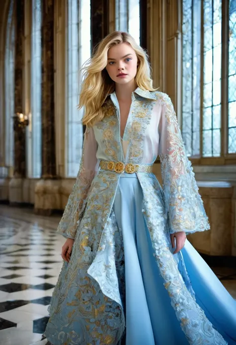 Blonde , Elle Fanning mix of Lindsay Ellingson mix of Mackenzie Foy (amazingly beautiful supermodel girl portrait:1.4), (very long legs), small ears, cinematic sensual, (light blonde hair), (light blue eyes), (fair skin), professional portrait of beautiful...