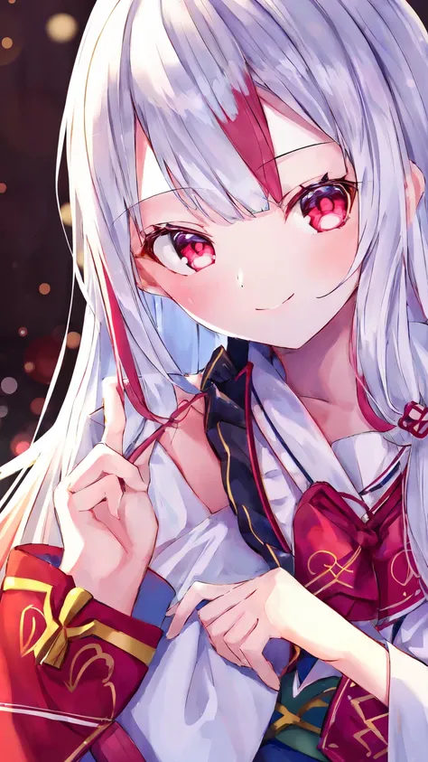 1 Girl、、Sharp focus、(Bokeh) (Highest quality) (Detailed skin:1.3) (Intricate details) (anime)、16-year-old girl、smile、Laughing with your mouth open、From the side、Upper body close-up、White Hair、Long Hair、Red eyes、One is growing