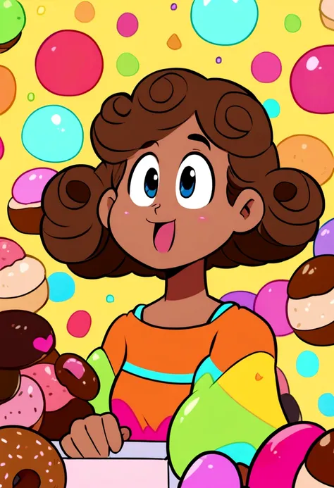 brown curly girl holding a box of brown donuts animated disney style