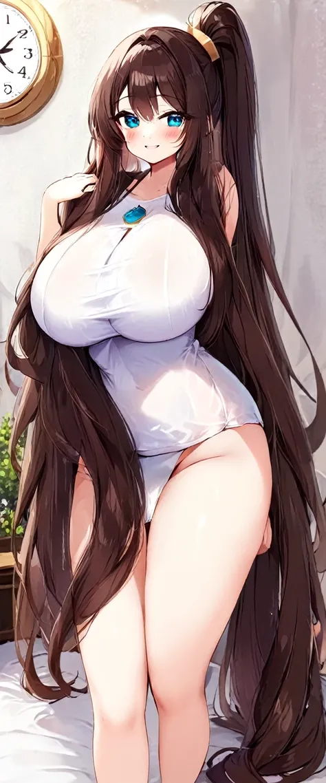 cute girl, super long hair, dark hair, big hair, thick hair, big breasts, big butt, hourglass body, emphasis on hair, emphasis on eyes, emphasis on face, blush, smile, 