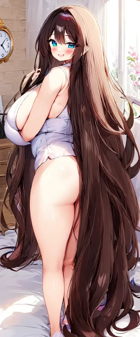 cute girl, super long hair, dark hair, big hair, thick hair, big breasts, big butt, hourglass body, emphasis on hair, emphasis on eyes, emphasis on face, blush, smile, 