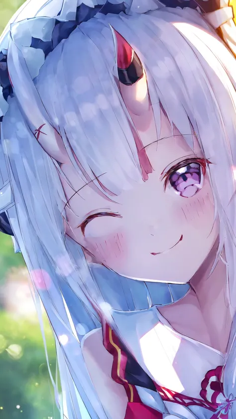 1 Girl、、Sharp focus、(Bokeh) (Highest quality) (Detailed skin:1.3) (Intricate details) (anime)、16-year-old girl、smile、Laughing with your mouth open、From the side、Upper body close-up、White Hair、Long Hair、Eyes closed、Eyes closed、Two horns、Nakiri Ayame