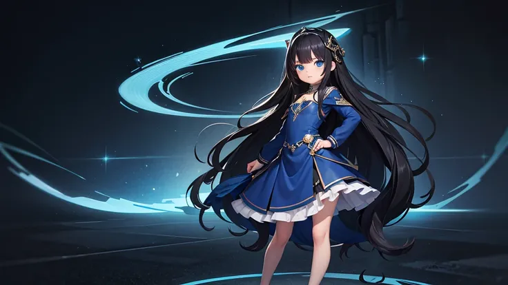 4k ultra high quality, human woman, sharp blue eyes, round face, small slightly upturned nose, curious expression, very long curly blue-black hair, wearing modest blue dress, black high heel shoes, standing