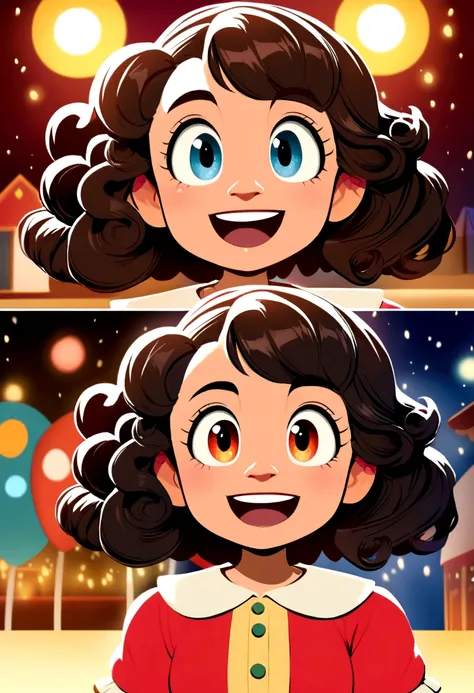 
character design,short dark curly hair,beautiful detailed eyes,Pixar style,brunette woman,happy on Disney stage,lively atmosphere,bright colors,cafeteria lights happy expression