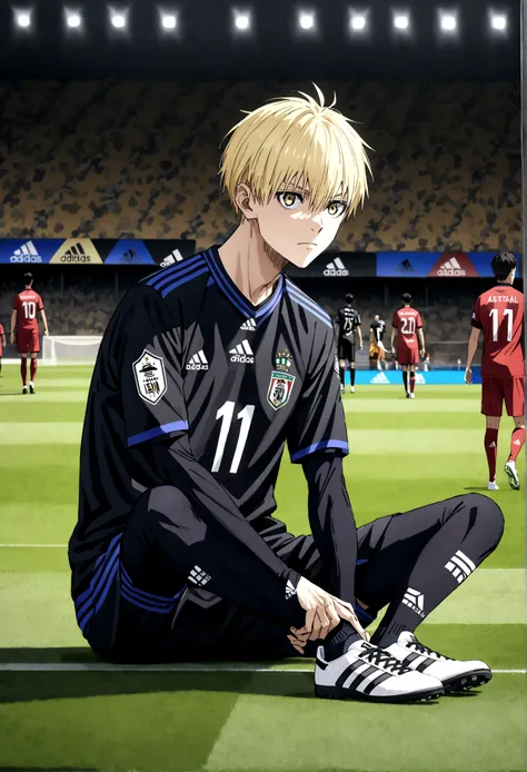 anime boy with long yellow hair, your eyes are lion&#39;s eyes, wearing the iraq national team shirt from adidas, sitting on a f...