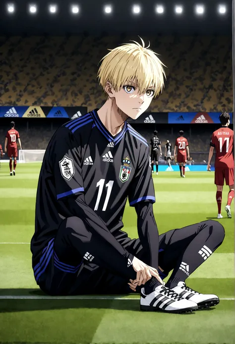 anime boy with long yellow hair, your eyes are lion&#39;s eyes, wearing the iraq national team shirt from adidas, sitting on a f...