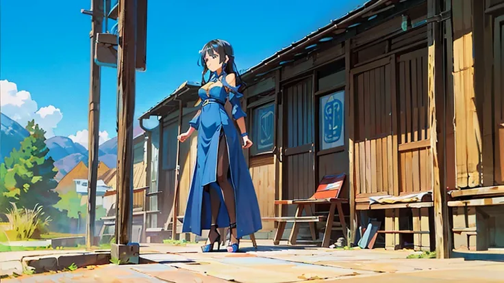 4k ultra high quality, human woman, sharp blue eyes, round face, small slightly upturned nose, curious expression, very long curly blue-black hair, wearing modest blue dress, black high heel shoes, standing