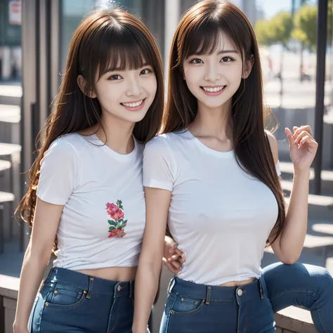 Highest quality, masterpiece, Ultra-high resolution, (Realistic:1.4), 20-year-old,((2 girls)),((They are cheek to cheek.)),super high quality,8K,thinウエスト,thin脚,thin and beautiful arms,Beautiful fingers,((Super Realistic image quality)),sale eye makeup,thin...