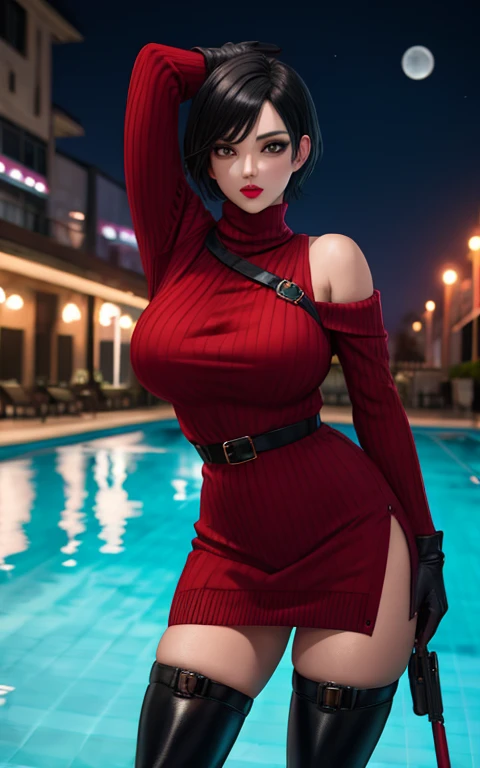 (masterpiece, best quality:1.4), insaneres, absurdres, solo, looking at viewer,BREAK 
GAME_ResidentEvil4Remake_AdaWong_ownwaifu,
1girl, asian, black hair, short hair, brown eyes, lips, bangs, large breasts, red lips, makeup, lipstick,
sweater, dress, glove...