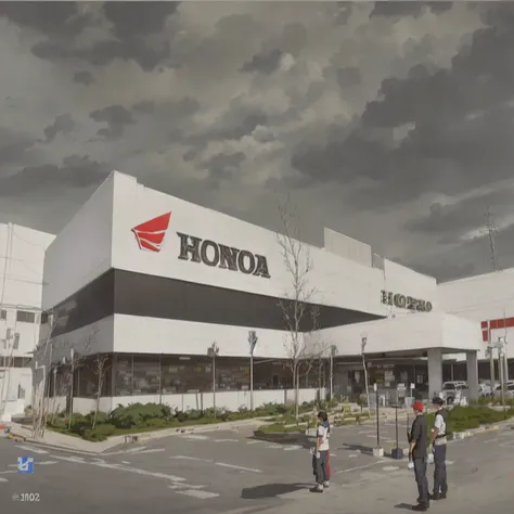 painting of a honda dealership with a cloudy sky in the background, inspired by Hiroshi Honda, akihiko yoshida”, by Hiroshi Honda, hyperdetailed photorealism”, inspired by Koson Ohara, ishirō honda, hyper realistic”, hyper realistic ”, photorealism ”, by H...