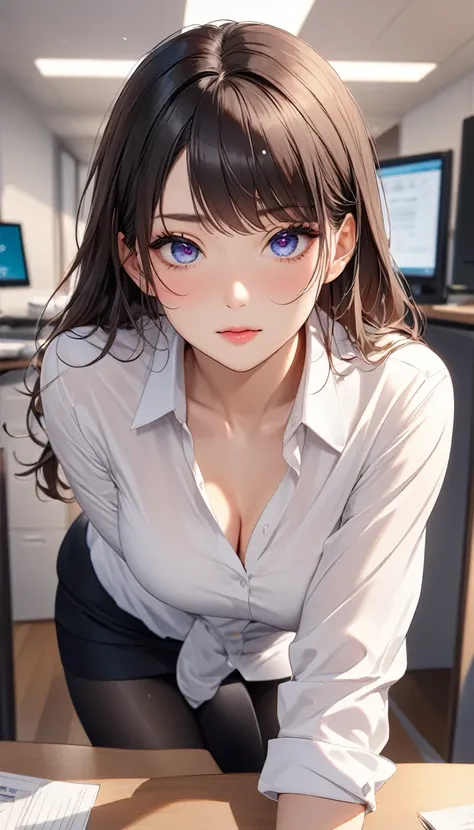 (((masterpiece))),(((High resolution)))、(((8K)))、(((perfect face)))、(((beauty of japan)))、30 years old、(((beautiful face))), (((office))), (((shirt))), ((tights)), embarrassed look, look at the camera, top quality eyes, detailed texture, look at the camera...