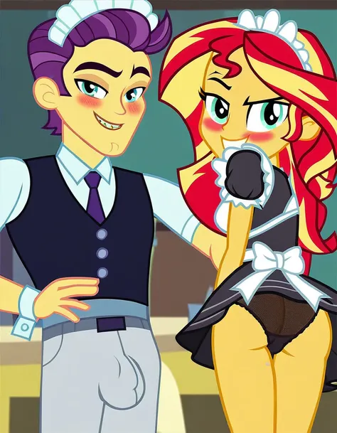 upskirt, duo focus, equestria girls, blushing, sunset shimmer, bra, underwear, grin, evil smile, erection, smiling, butt, clothes, maid, black panties, underwear, sunbutt, show accurate, vector, male pov, tenting, crotch big bulge, big erection in pants, o...