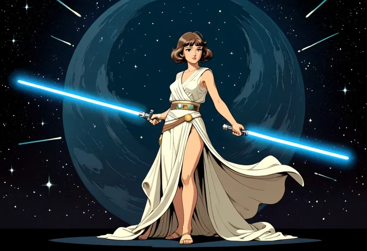 illustration cartoon, anime retro 1980 years style, a single model woman bunette, huge and wide hips, tiny clothe thin toga greek, using jedi lightsaber in hand, full view standing from head to toes, dark background stars space