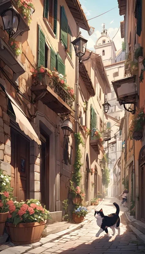 a cat runs through the streets of a typical charming Italian town
