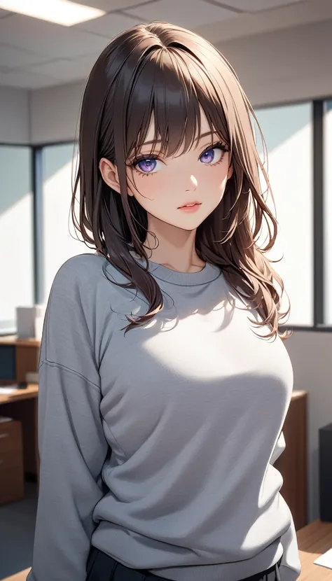 (((masterpiece))),(((High resolution)))、(((8K)))、(((perfect face)))、(((beauty of japan)))、30 years old、(((beautiful face))), (((office))), (((sweatshirt))), embarrassed look, look at the camera, top quality eyes, detailed texture, look at the camera, all b...