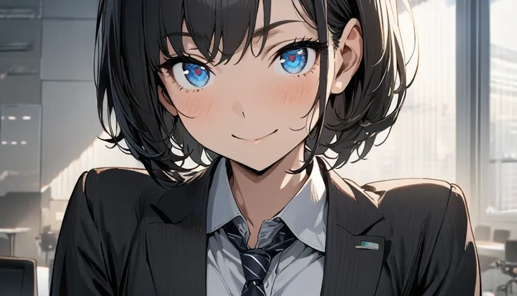 1girl, solo, gentle smile on her face flat chest, short hair, blue eyes, (detailed eyes), black hair, upper body, ((masterpiece, illustration, best quality)) ((best quality)), ((masterpiece)), (detailed), perfect face, Office lady, black hair, short hair, ...