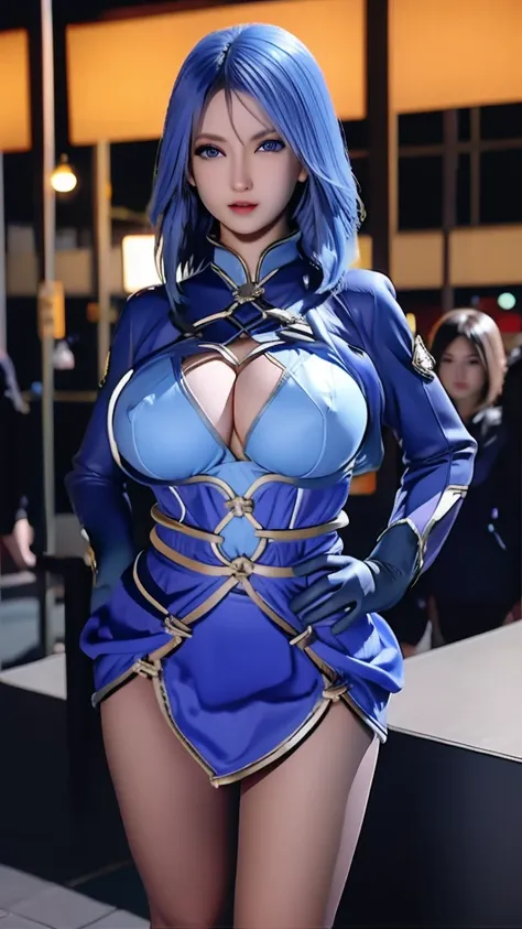 DLDL water ice tray, 1 girl, alone, blue hair, blue eyes,skirt,Single thigh high,thigh strap,long sleeves,Clothes tailoring, Capulet, Gloves, looking at the audience, city View, night, sensual female, hands on hips,  Big breasts，big breasts，Show breasts，ex...