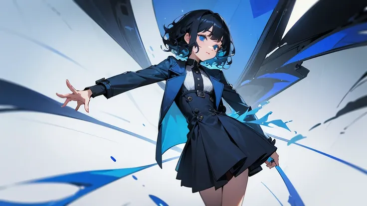 4k ultra high quality, human woman, sharp blue eyes, round face, small slightly upturned nose, curious expression, short curly blue-black hair, wearing modest blue trench coat over a dress, black high heel shoes, standing