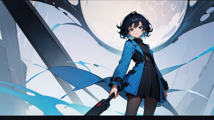 4k ultra high quality, human woman, sharp blue eyes, round face, small slightly upturned nose, curious expression, short curly blue-black hair, wearing modest blue trench coat over a dress, black high heel shoes, standing