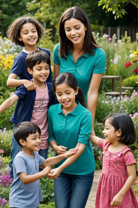 A lively teacher with her children in a garden 