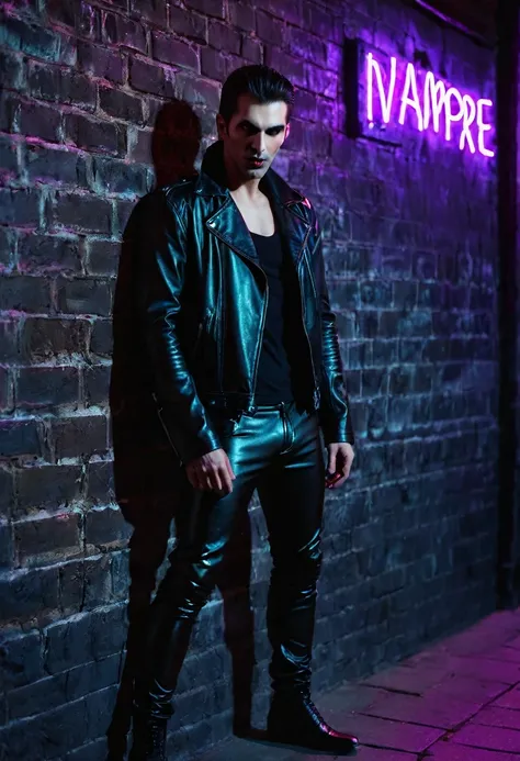 A  single sexy man vampire of 30 years old stands near a wall on the street at dark night. Neon light from the sign. He is wearing black leather trousers and a black leather jacket made of leather on his naked body. 