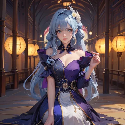 Robin_(Honkai star rail), ornament hair, perfectly body, perfectly hands, twintails, wave hair, light blue hair, long hair, maid, maid dress, maid headdress, maid apron, garden, temple, shrine, outside, Chinese festival scenery, gold lantern, Chinese lante...