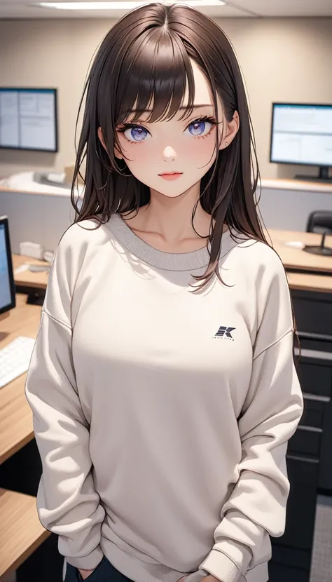 (((masterpiece))),(((High resolution)))、(((8K)))、(((perfect face)))、(((beauty of japan)))、30 years old、(((beautiful face))), (((office))), (((sweatshirt))), embarrassed look, look at the camera, top quality eyes, detailed texture, look at the camera, all b...