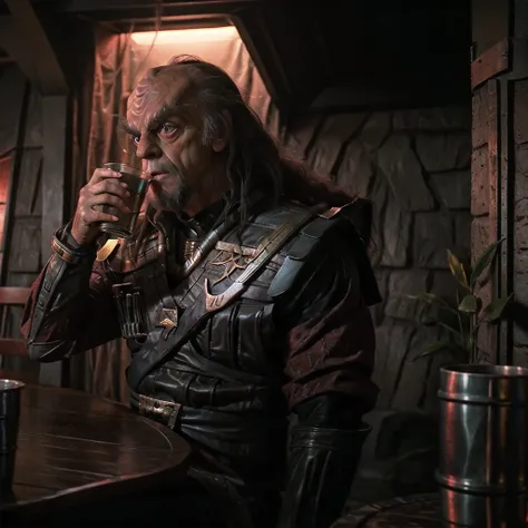 christopher lloyd as klingon general klang wearing warrior armor, drinking from a old metal cup, holding cup to his lips, taking...