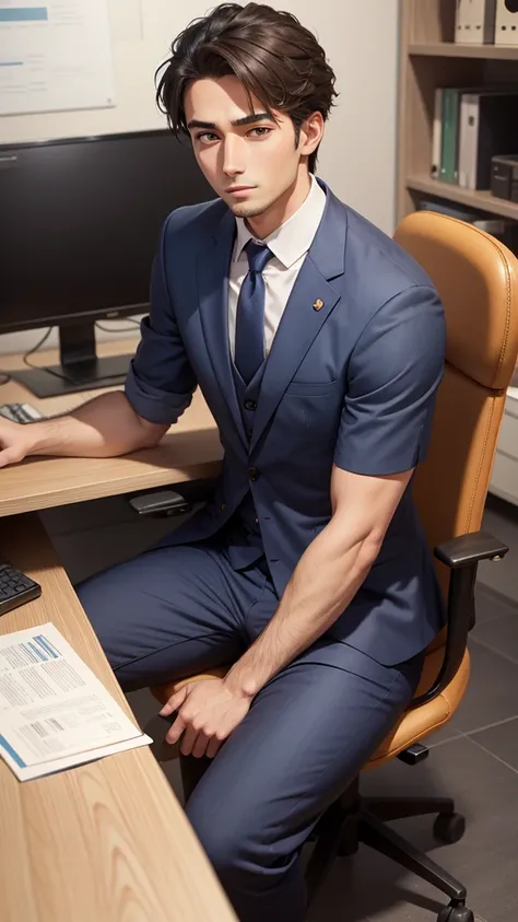 3DCG illustration、Ghibli style、A 27-year-old male employee in a suit is standing and talking face to face with his boss who is sitting in a chair in the office.