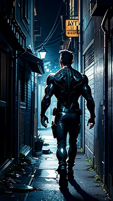 Eddie brock walking through an alley at night and shadow of venom