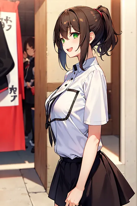 natsuiro matsuri、1 girl、solo、Dark Brown Hair、{{short hair}}、(masterpiece)、Ponytail hairstyle、{{tsurime}}、{smile、Open your mouth、Small breasts}、Green eyes、Athletic build