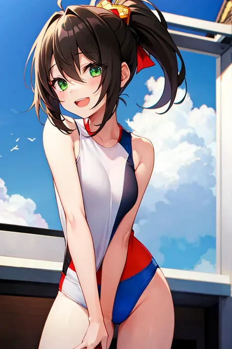 natsuiro matsuri、1 girl、solo、Dark Brown Hair、{{short hair}}、(masterpiece)、Ponytail hairstyle、{{tsurime}}、{smile、Open your mouth、Small breasts}、Green eyes、Athletic build