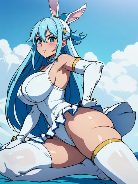 1 girl, Aqua Konosuba, (huge ass:1.4), (On knees:1.4), (behind:1.1), (crotch focus:1.1), (looking back:1.1), ((bunny suit, bunny ears, white swimsuit, elbow gloves, White gloves, white micro skirt, white tights)), Bed