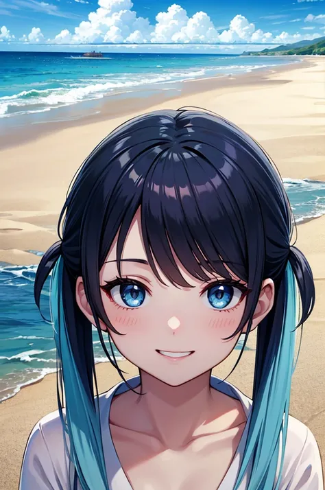 Light blue long hair、Beautiful girl with twin tails、Driving a white Porsche along the beach、Splash Art、blue sky、White cloud、Bright smile、Seaside scenery