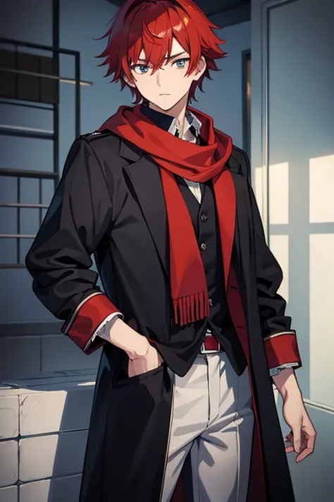 masterpiece, Highest quality, High resolution，Anime Style、male、age： 17 years old Height： 175cm Body Type： Standard body type Hair： Red hair。With short hair、A little disheveled。 pupil： 深紅色のpupil。Has a sharp gaze。 clothing： Wearing a black coat and trousers。...