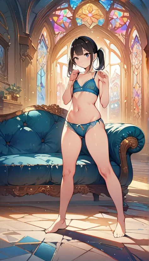 (masterpiece:1.8),(Highest quality:1.8),(Very detailed:1.8),(8k:1.8),(Ultra-fine Illustration:1.5),,,Straight low twintail,Flat Chest,Small Ass,(High-grade ,,lingerie:1.4),(Prayer Pose:1.5),Vintage sofa,,(Full body angle), Stained glass, Rainbow Gradient, ...