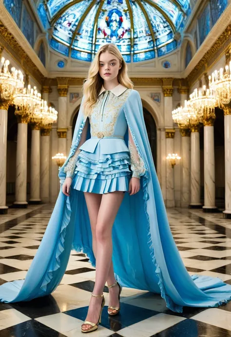 Blonde , Elle Fanning mix of Lindsay Ellingson mix of Mackenzie Foy (amazingly beautiful supermodel girl portrait:1.4), (very long legs), small ears, cinematic sensual, (light blonde hair), (light blue eyes), (fair skin), professional portrait of beautiful...