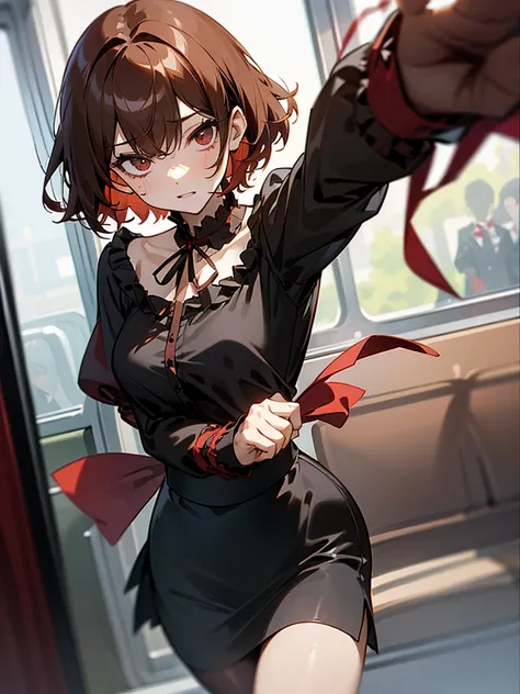 Reddish brown short length hair、Black chiffon blouse、Flared sleeves、ボウタイ、ribbon、Tight Skirt、Black Stockings、necklace、TİTS、slender、In a crowded train、Messed up、slender、High resolution face、Drawn eyes、