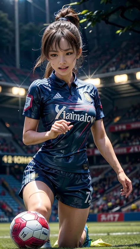 Highest quality, High resolution:1.2, Very detailed, Realistic:1.3, ((Beautiful woman))、((Super tight uniform))、((Big Breasts))、(The abdomen is visible)、(((Soccer uniforms)))、Vibrant colors, play soccer,(Blunt bangs)、((Various Hair Styles))、Different hair ...