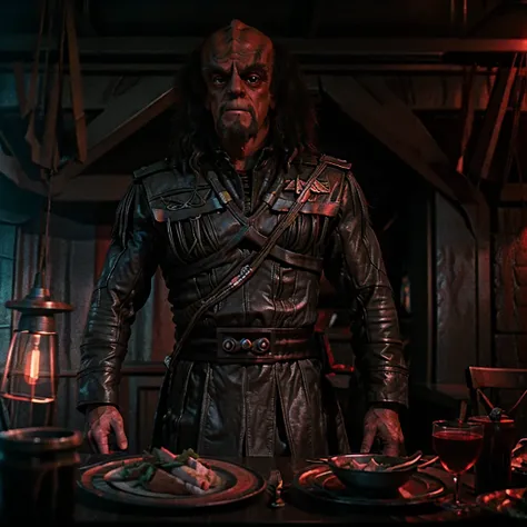 christopher lloyd as klingon general klang, setting is a dark rustic gray metal klingon dining room, volumetric reddish lighting...