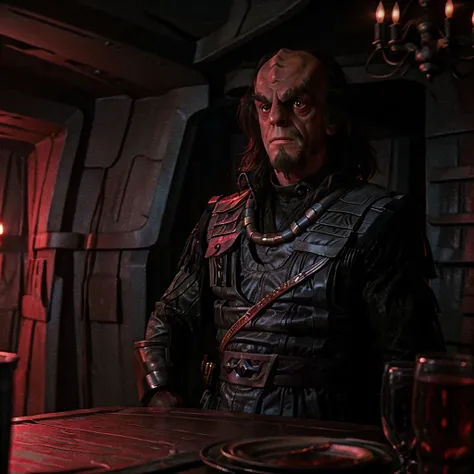 christopher lloyd as klingon general klang, setting is a dark rustic gray metal klingon dining room, volumetric reddish lighting...