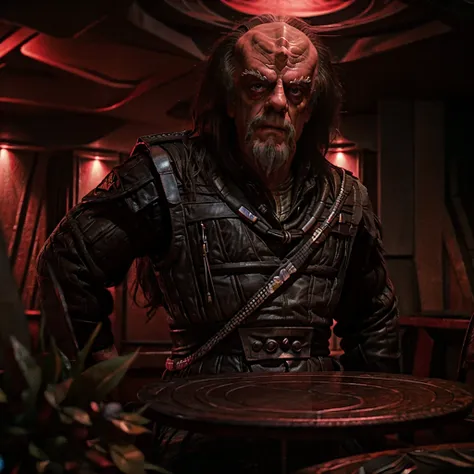 christopher lloyd as klingon general klang, setting is a dark rustic gray metal klingon dining room, volumetric reddish lighting...