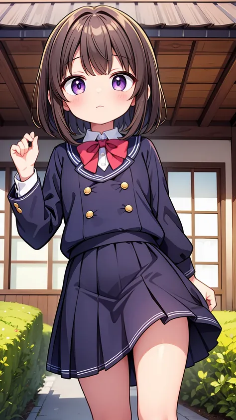 (High quality), (masterpiece), (very detailed), girl, (very small bust), short brown hair, purple eyes, shy face, (primary school loli), showing her thighs, on the school yard, sunny, camera angle from below, adorable eyes, (primar school uniform), red fac...