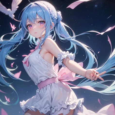 Sky blue hair, (One braided ponytail),(Pink Eyes),Fair skin ,(whole body),(One girl),Orihime,Sky Yue,Tanabata,(The Milky Way in the night sky),Hollow Eyes,Blushing,Straight bangs,(masterpiece, Highest quality, Very detailed, Best Shadow), (Detailed Backgro...