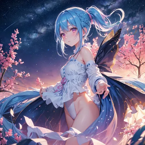 Sky blue hair, (One braided ponytail),(Pink Eyes),Fair skin ,(whole body),(One girl),Orihime,Sky Yue,Tanabata,(The Milky Way in the night sky),Hollow Eyes,Blushing,Straight bangs,(masterpiece, Highest quality, Very detailed, Best Shadow), (Detailed Backgro...