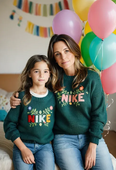 A warm and vibrant photograph captures the tender moment between a 45-year-old brunette woman with medium-sized, sagging breasts and her 13-year-old daughter. Her very serious mother is wearing a dark green cross-stitch sweater with the name Nike and Adida...